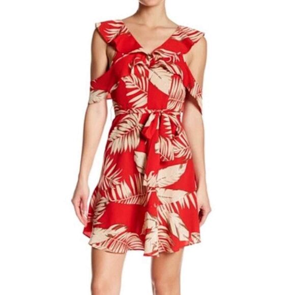 Love + Harmony Red Floral Palm Leaf Graphic Print Ruffle Dress Womens Size Small - Picture 1 of 15